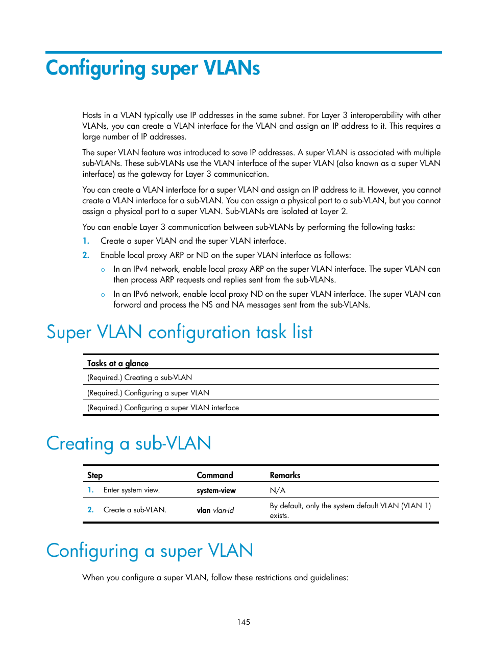 Configuring super vlans, Super vlan configuration task list, Creating a sub-vlan | Configuring a super vlan | H3C Technologies H3C S5560 Series Switches User Manual | Page 179 / 321