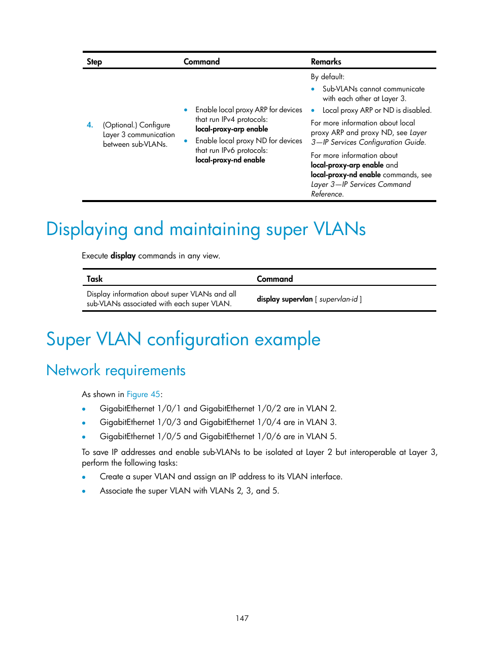 Displaying and maintaining super vlans, Super vlan configuration example, Network requirements | H3C Technologies H3C S5560 Series Switches User Manual | Page 181 / 321