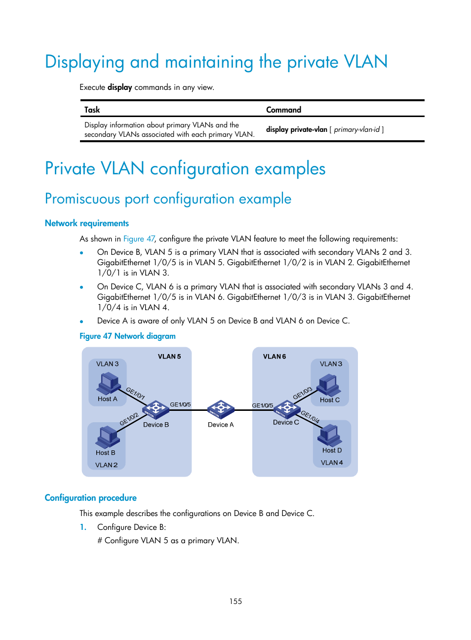 Displaying and maintaining the private vlan, Private vlan configuration examples, Promiscuous port configuration example | Network requirements, Configuration procedure | H3C Technologies H3C S5560 Series Switches User Manual | Page 189 / 321