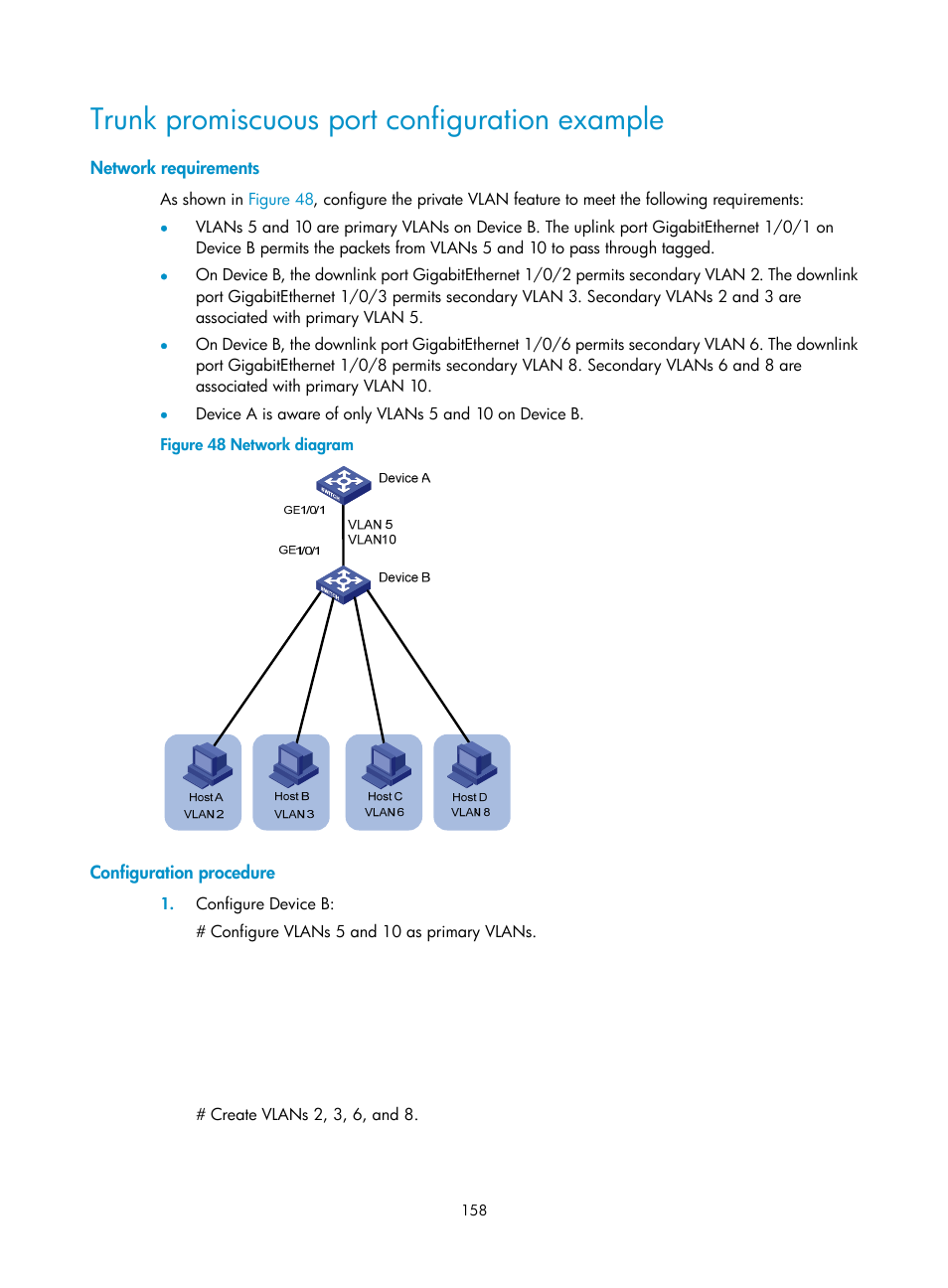 Trunk promiscuous port configuration example, Network requirements, Configuration procedure | H3C Technologies H3C S5560 Series Switches User Manual | Page 192 / 321