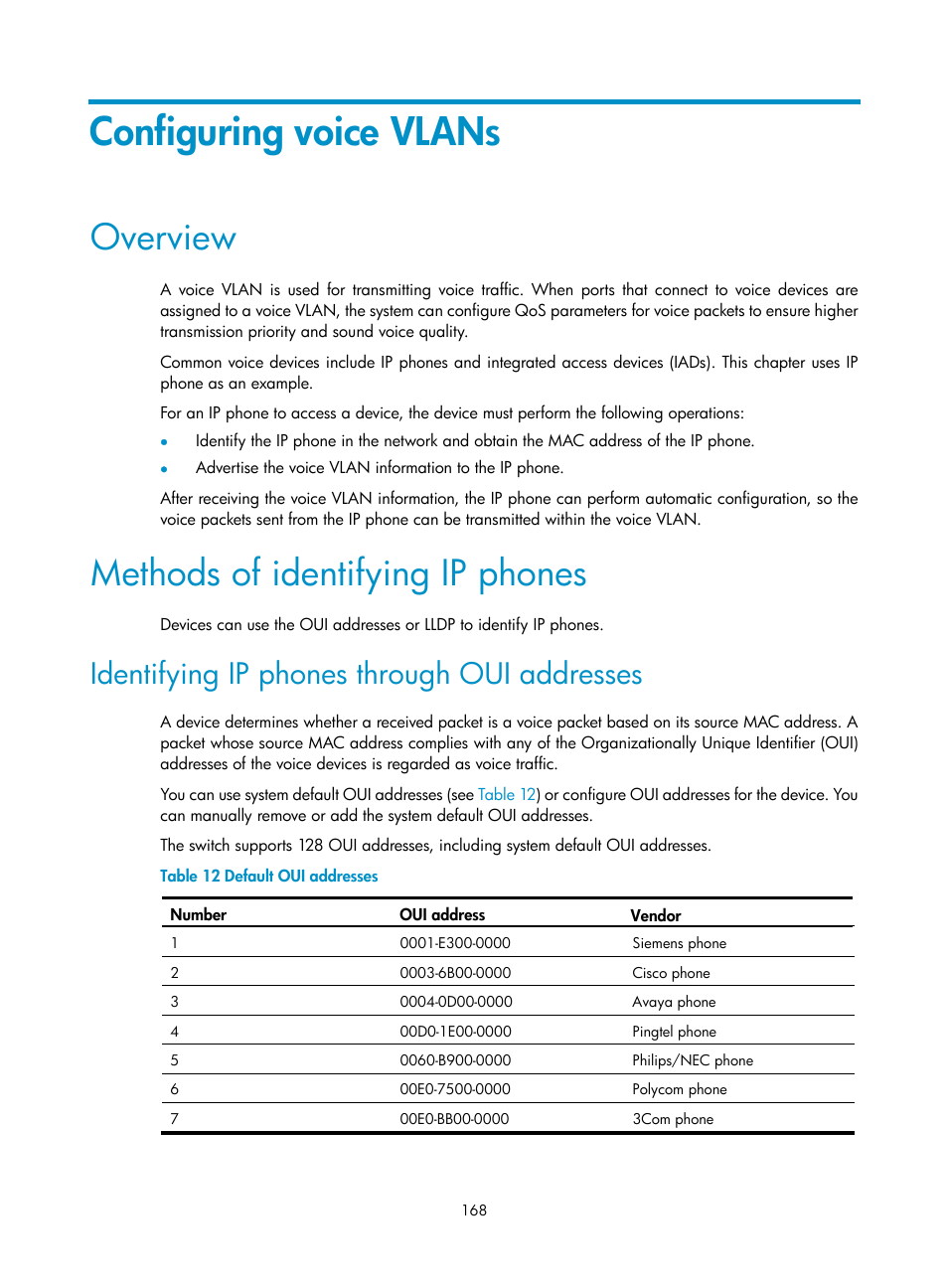 Configuring voice vlans, Overview, Methods of identifying ip phones | Identifying ip phones through oui addresses | H3C Technologies H3C S5560 Series Switches User Manual | Page 202 / 321