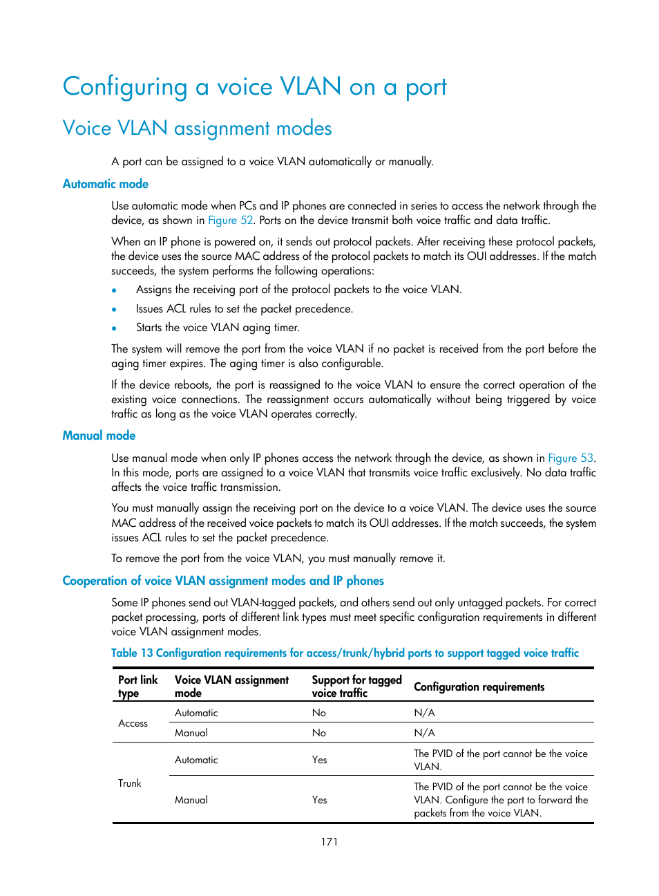 Configuring a voice vlan on a port, Voice vlan assignment modes, Automatic mode | Manual mode, See "configuring a voice vlan on a, Port | H3C Technologies H3C S5560 Series Switches User Manual | Page 205 / 321