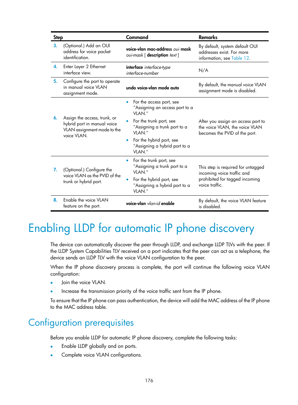 Enabling lldp for automatic ip phone discovery, Configuration prerequisites | H3C Technologies H3C S5560 Series Switches User Manual | Page 210 / 321