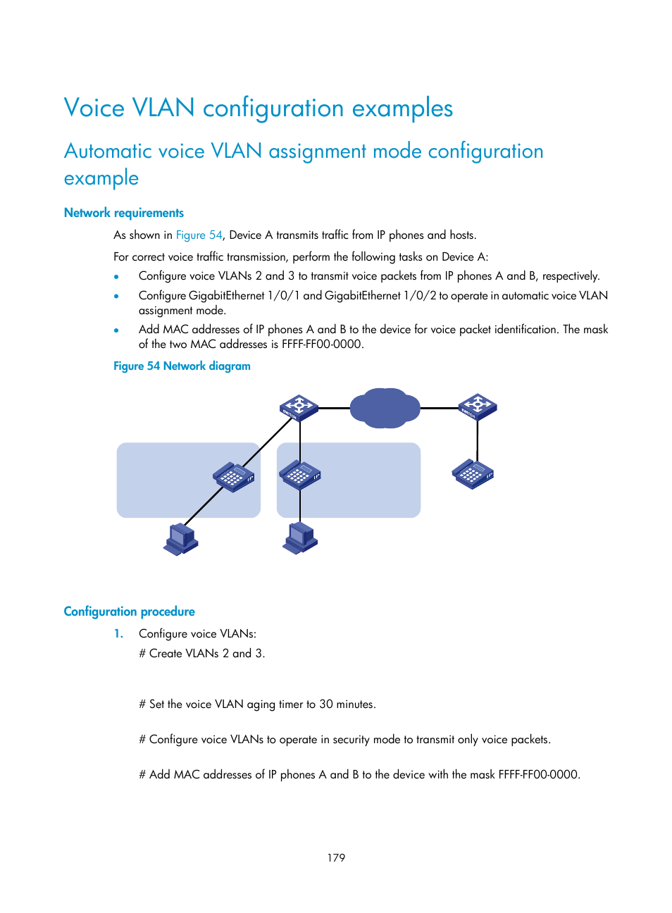 Voice vlan configuration examples, Network requirements, Configuration procedure | H3C Technologies H3C S5560 Series Switches User Manual | Page 213 / 321