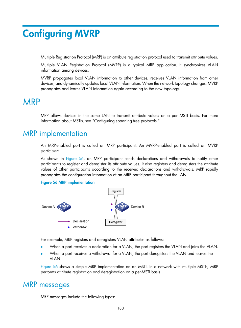 Configuring mvrp, Mrp implementation, Mrp messages | Ee "configuring mvrp | H3C Technologies H3C S5560 Series Switches User Manual | Page 217 / 321