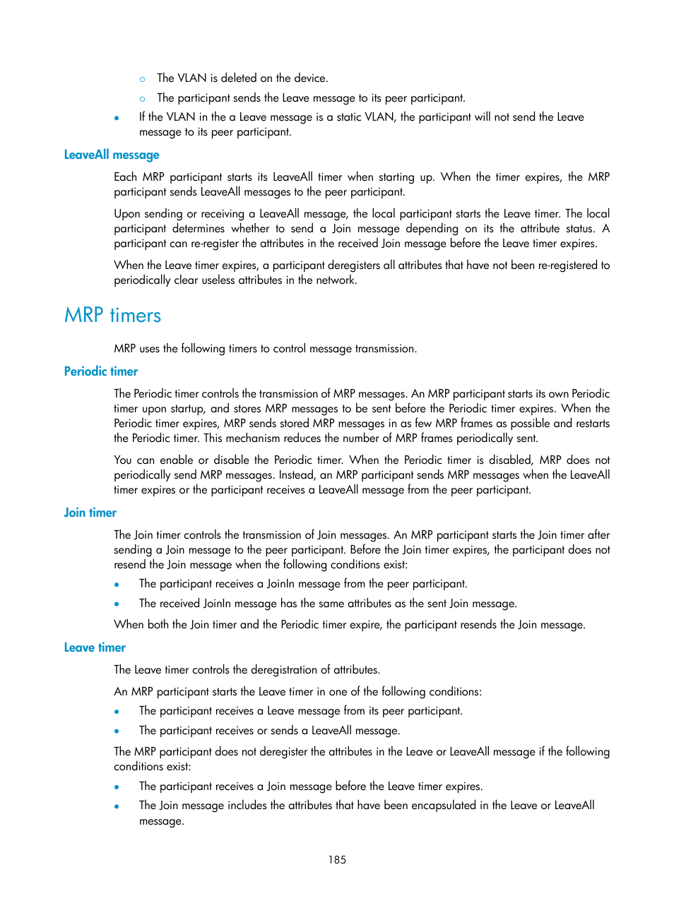 Leaveall message, Mrp timers, Periodic timer | Join timer, Leave timer | H3C Technologies H3C S5560 Series Switches User Manual | Page 219 / 321