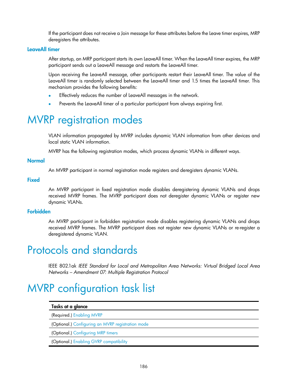 Leaveall timer, Mvrp registration modes, Normal | Fixed, Forbidden, Protocols and standards, Mvrp configuration task list | H3C Technologies H3C S5560 Series Switches User Manual | Page 220 / 321