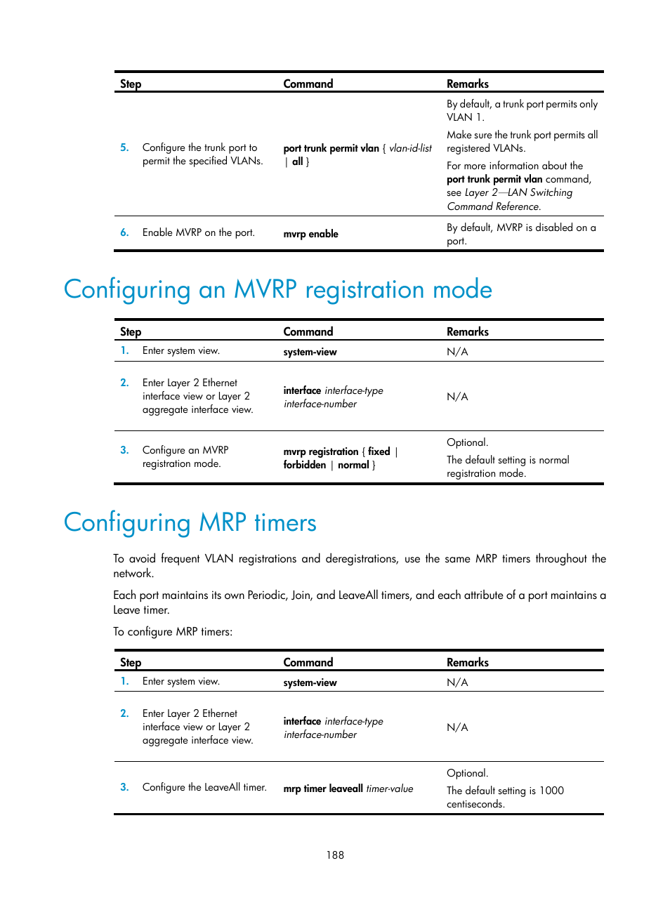 Configuring an mvrp registration mode, Configuring mrp timers | H3C Technologies H3C S5560 Series Switches User Manual | Page 222 / 321