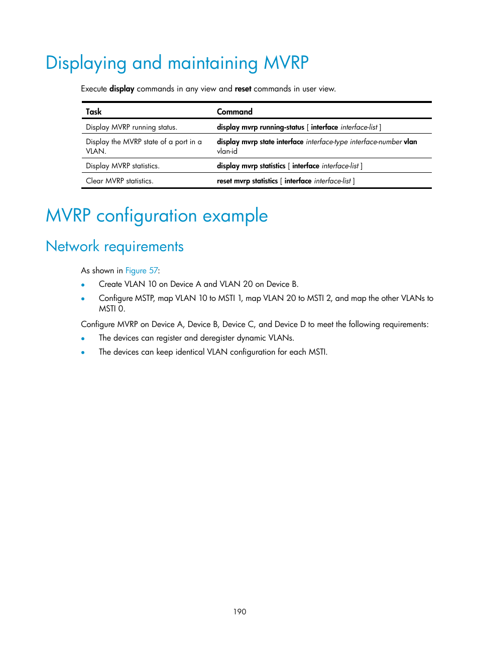 Displaying and maintaining mvrp, Mvrp configuration example, Network requirements | H3C Technologies H3C S5560 Series Switches User Manual | Page 224 / 321