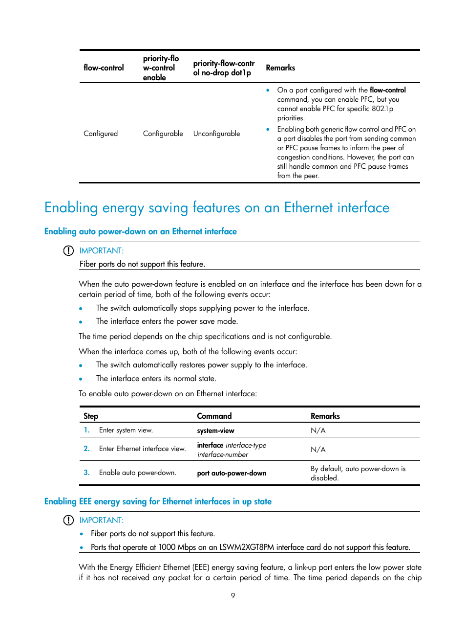 Enabling auto power-down on an ethernet interface | H3C Technologies H3C S5560 Series Switches User Manual | Page 23 / 321