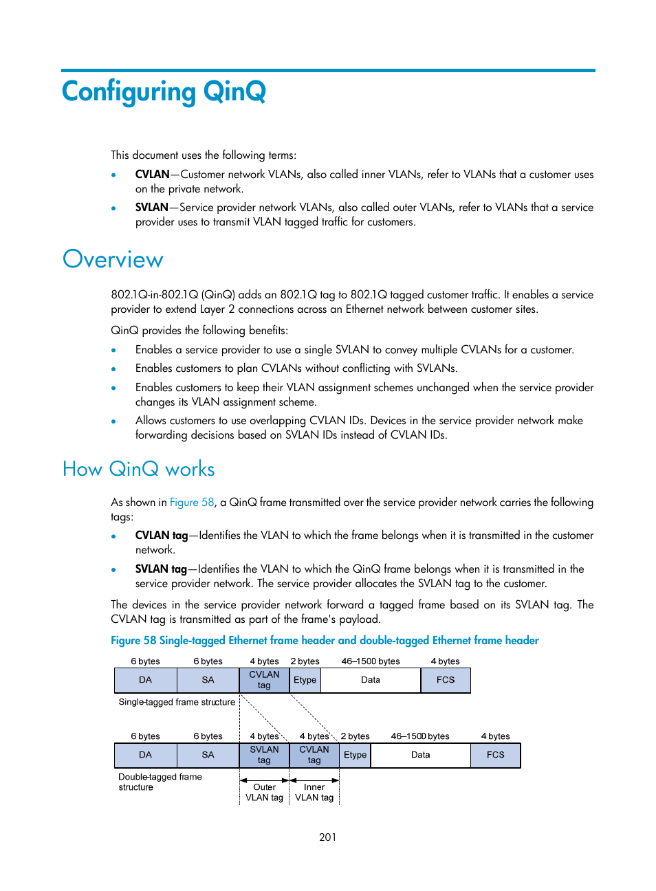 Configuring qinq, Overview, How qinq works | Configuring, Qinq | H3C Technologies H3C S5560 Series Switches User Manual | Page 235 / 321