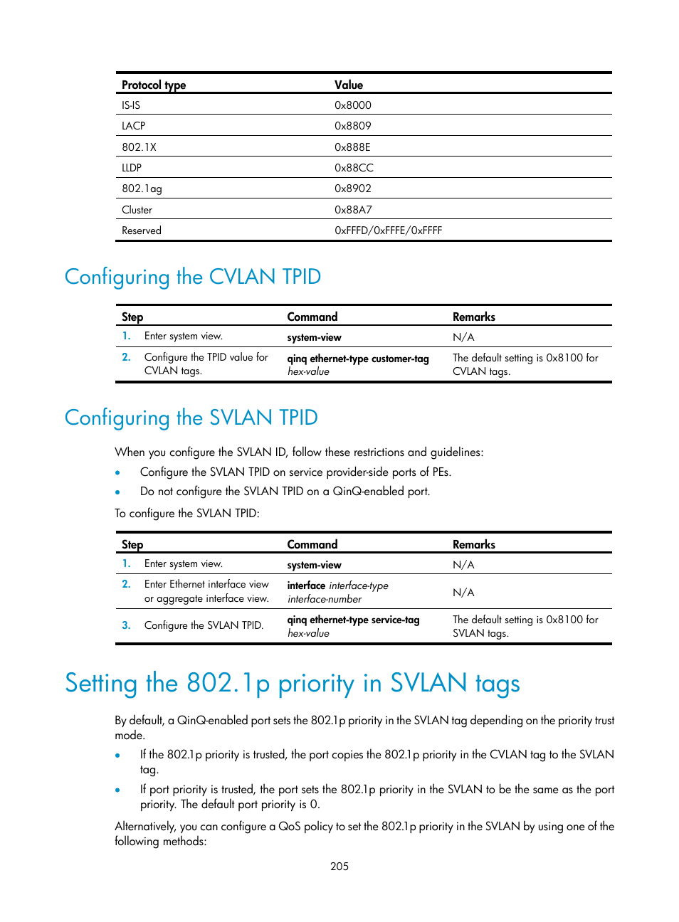 Configuring the cvlan tpid, Configuring the svlan tpid, Setting the 802.1p priority in svlan tags | Bed in, Setting the, 1p priority in svlan tags | H3C Technologies H3C S5560 Series Switches User Manual | Page 239 / 321