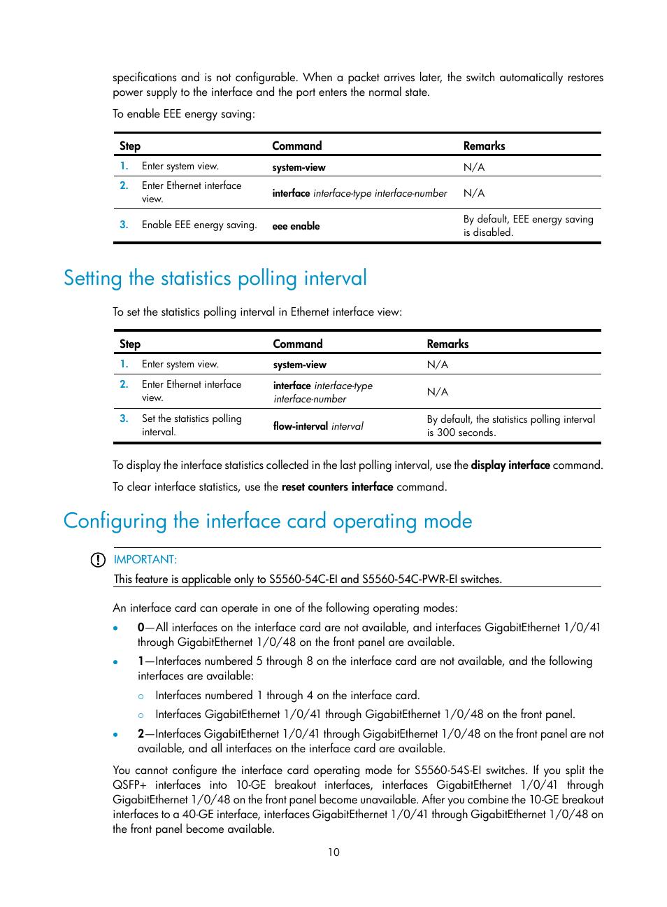 Setting the statistics polling interval, Configuring the interface card operating mode | H3C Technologies H3C S5560 Series Switches User Manual | Page 24 / 321