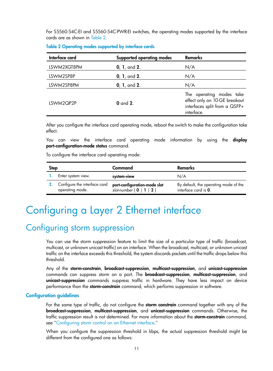 Configuring a layer 2 ethernet interface, Configuring storm suppression, Configuration guidelines | H3C Technologies H3C S5560 Series Switches User Manual | Page 25 / 321