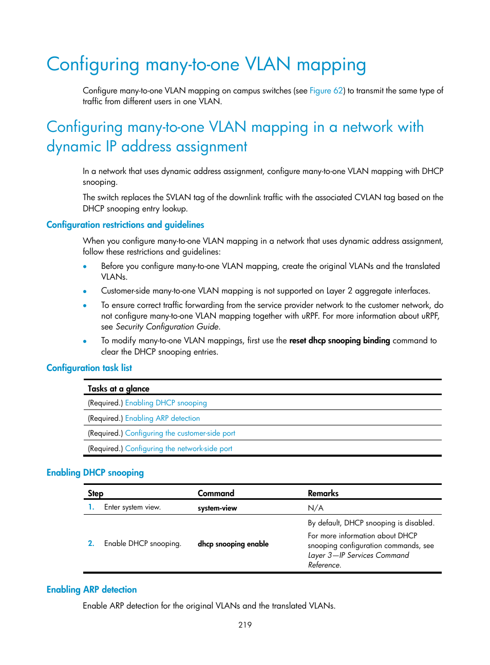 Configuring many-to-one vlan mapping, Configuration restrictions and guidelines, Configuration task list | Enabling dhcp snooping, Enabling arp detection, Configuring many-to-one vlan mapping in a, Network with dynamic ip address assignment | H3C Technologies H3C S5560 Series Switches User Manual | Page 253 / 321