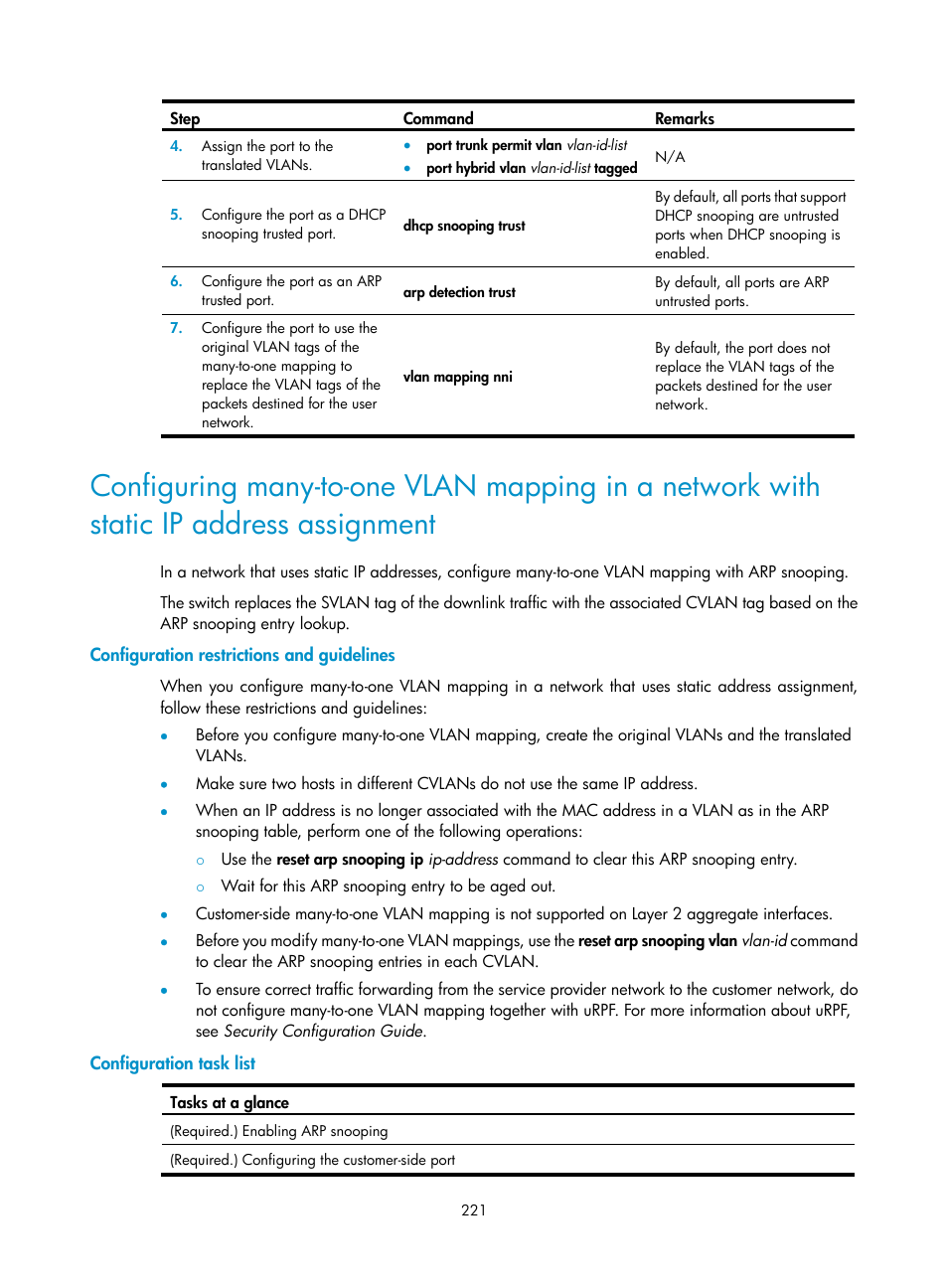 Configuration restrictions and guidelines, Configuration task list, Configuring many-to-one vlan mapping in a | Network with static ip address assignment | H3C Technologies H3C S5560 Series Switches User Manual | Page 255 / 321