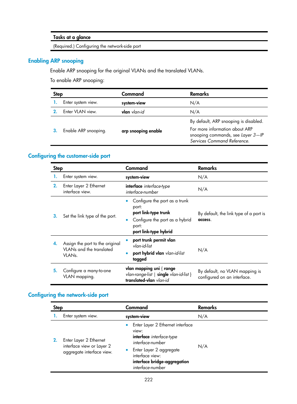 Enabling arp snooping, Configuring the customer-side port, Configuring the network-side port | H3C Technologies H3C S5560 Series Switches User Manual | Page 256 / 321