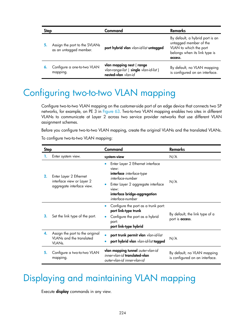 Configuring two-to-two vlan mapping, Displaying and maintaining vlan mapping | H3C Technologies H3C S5560 Series Switches User Manual | Page 258 / 321