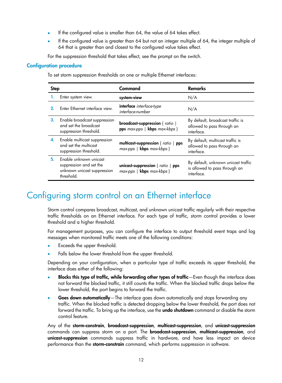 Configuration procedure, Configuring storm control on an ethernet interface | H3C Technologies H3C S5560 Series Switches User Manual | Page 26 / 321