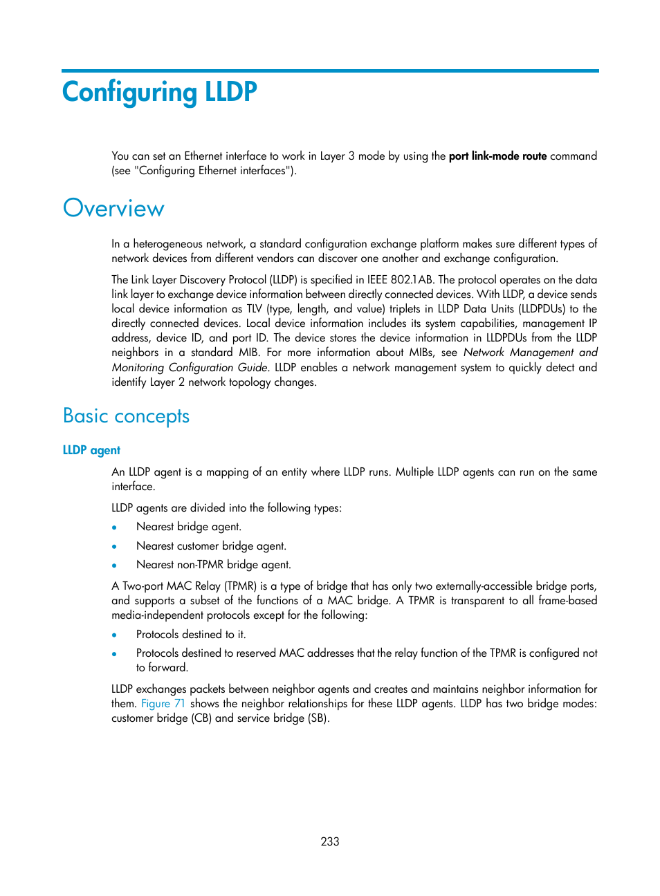 Configuring lldp, Overview, Basic concepts | Lldp agent | H3C Technologies H3C S5560 Series Switches User Manual | Page 267 / 321