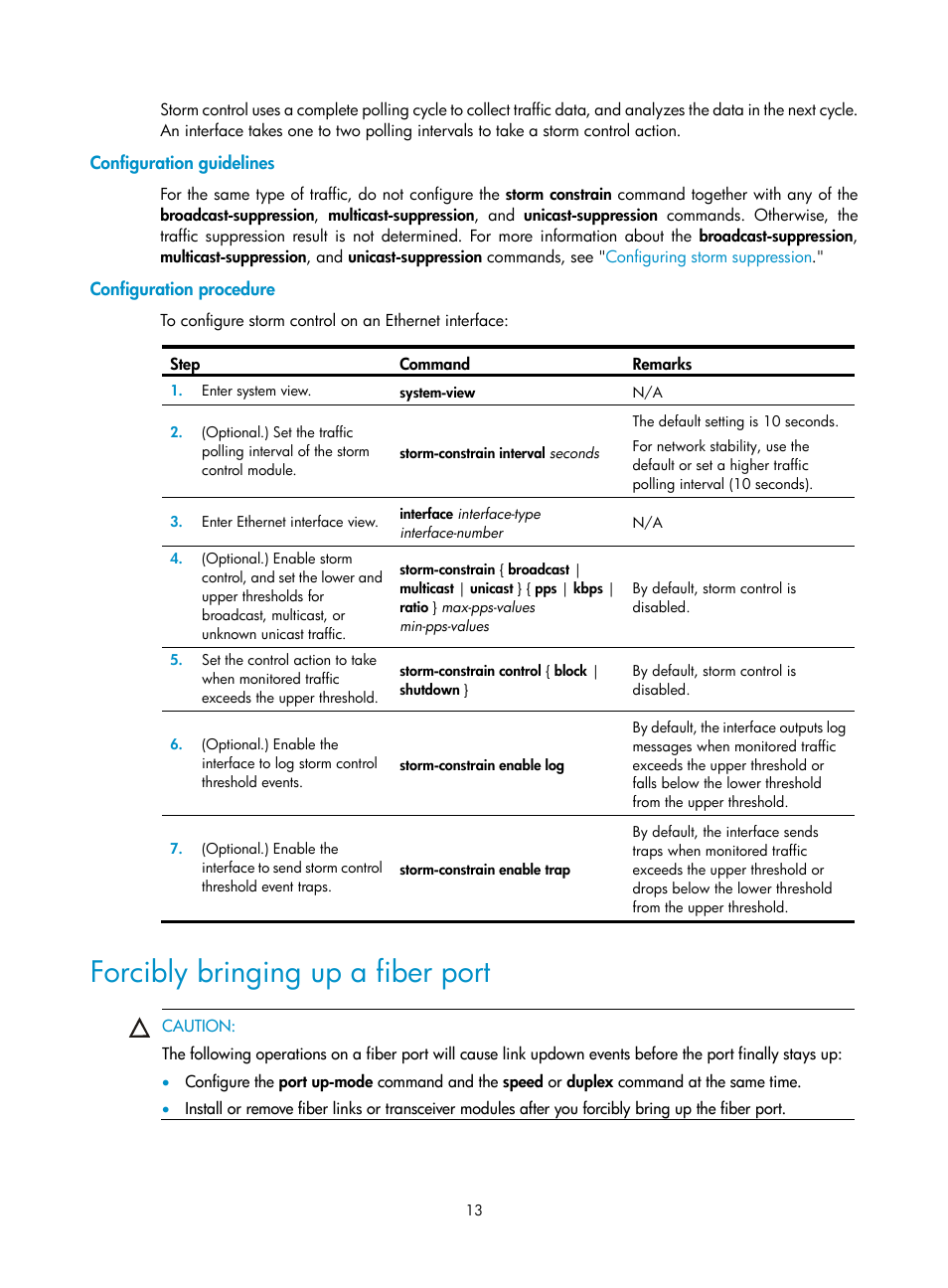 Configuration guidelines, Configuration procedure, Forcibly bringing up a fiber port | H3C Technologies H3C S5560 Series Switches User Manual | Page 27 / 321