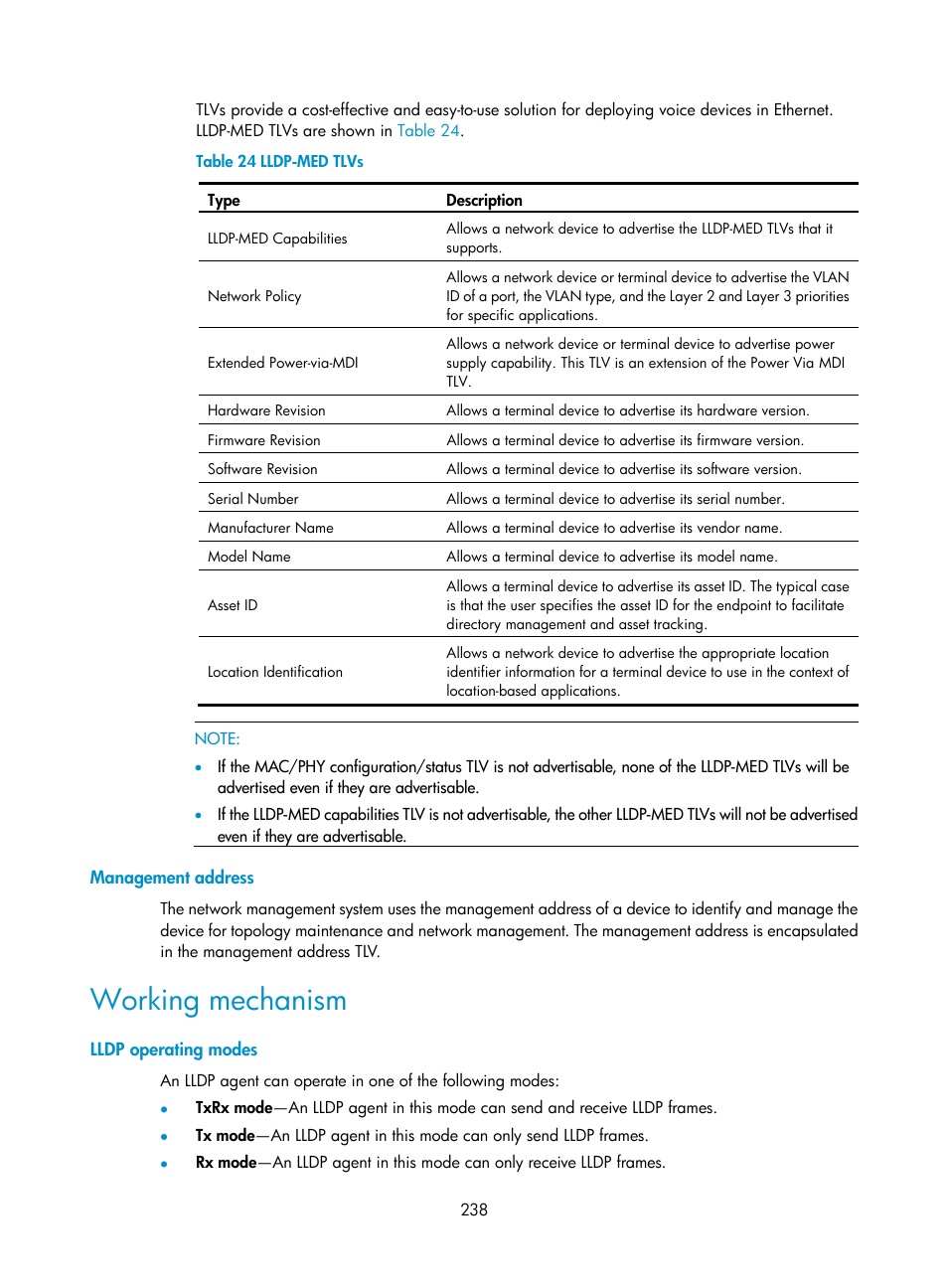 Management address, Working mechanism, Lldp operating modes | H3C Technologies H3C S5560 Series Switches User Manual | Page 272 / 321