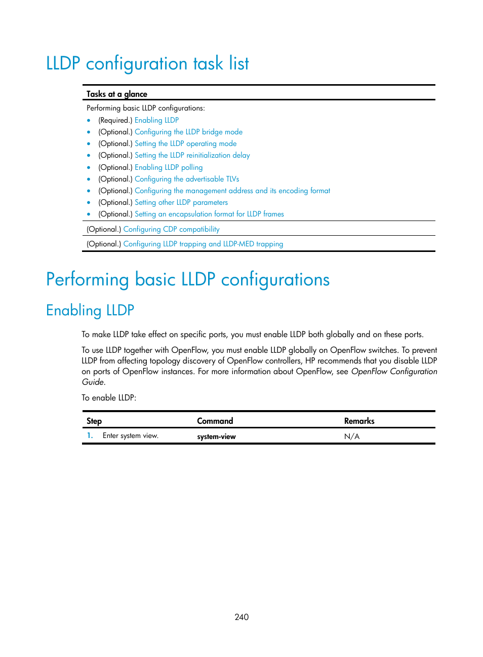 Lldp configuration task list, Performing basic lldp configurations, Enabling lldp | H3C Technologies H3C S5560 Series Switches User Manual | Page 274 / 321