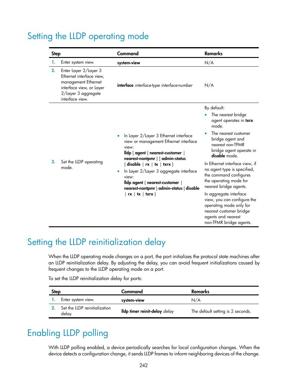 Setting the lldp operating mode, Setting the lldp reinitialization delay, Enabling lldp polling | H3C Technologies H3C S5560 Series Switches User Manual | Page 276 / 321