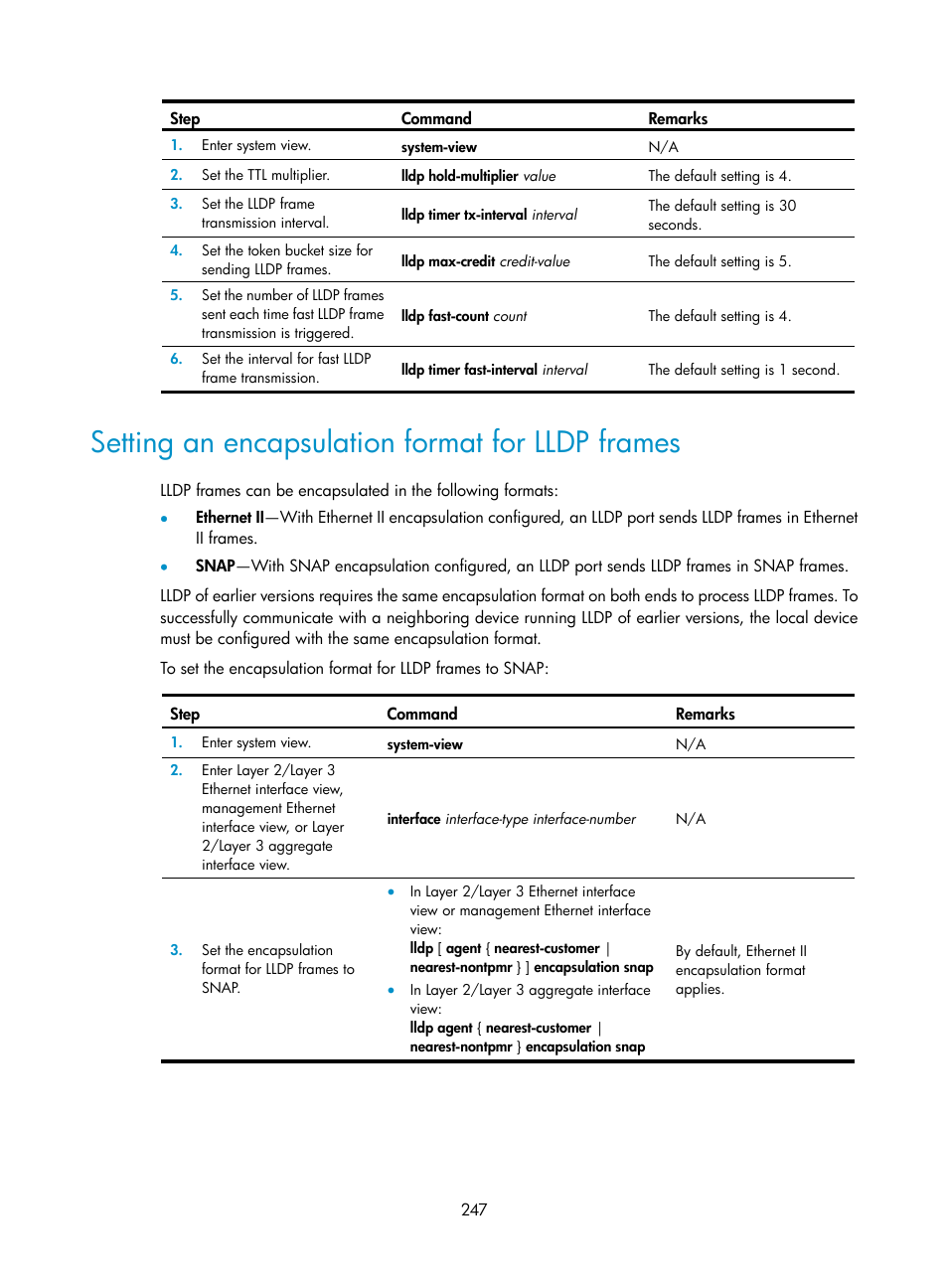 Setting an encapsulation format for lldp frames | H3C Technologies H3C S5560 Series Switches User Manual | Page 281 / 321