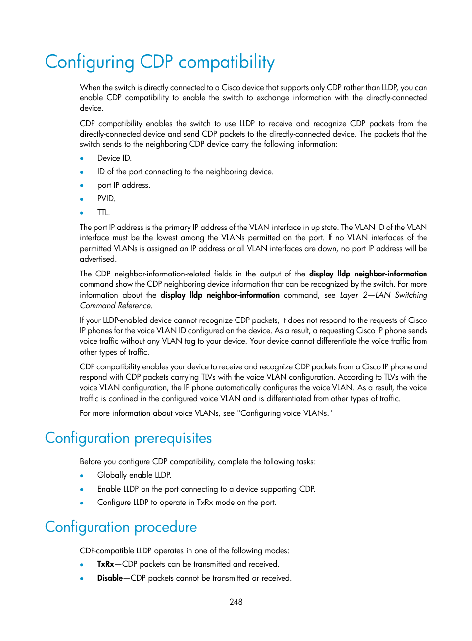 Configuring cdp compatibility, Configuration prerequisites, Configuration procedure | H3C Technologies H3C S5560 Series Switches User Manual | Page 282 / 321