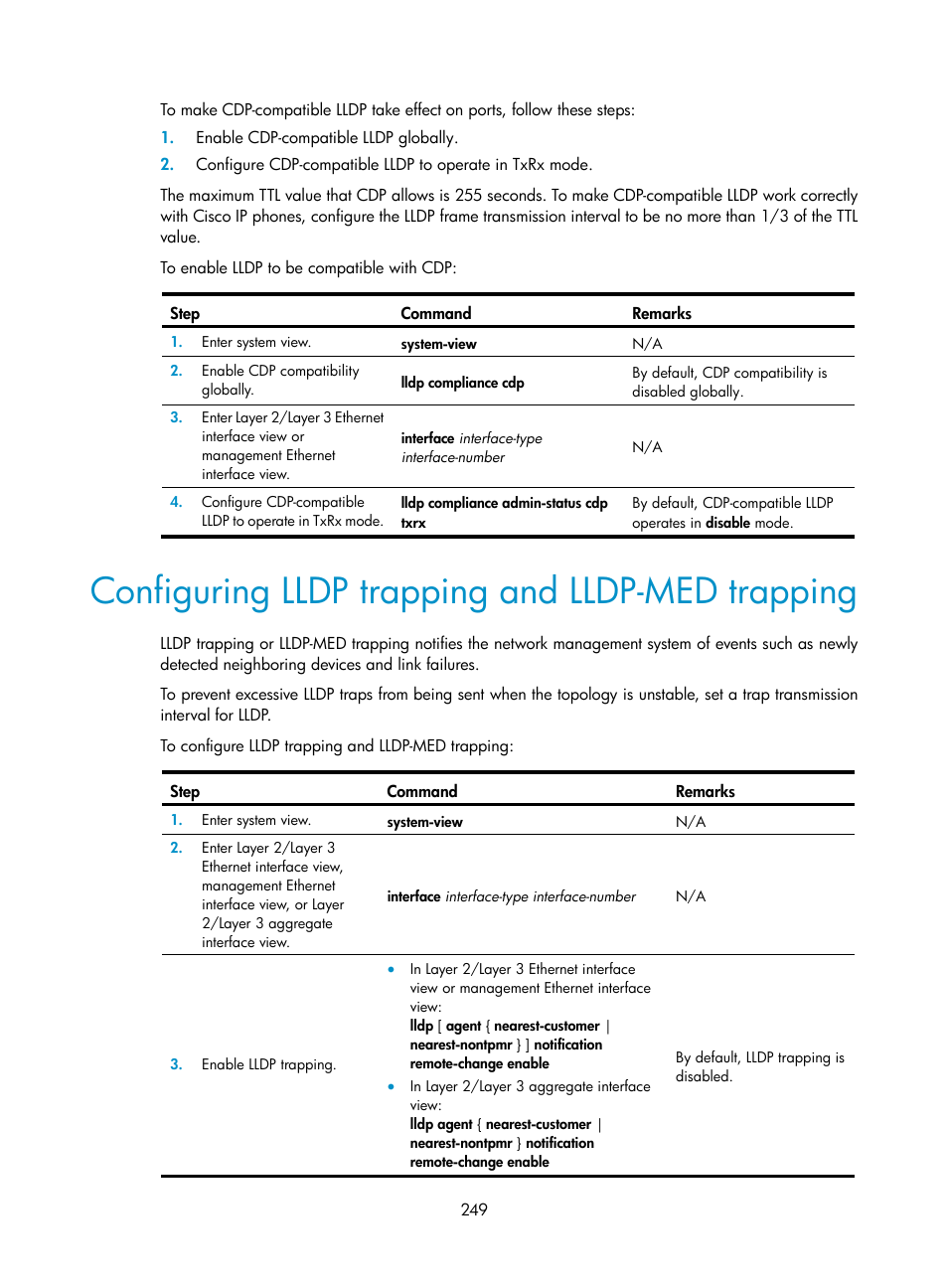 Configuring lldp trapping and lldp-med trapping | H3C Technologies H3C S5560 Series Switches User Manual | Page 283 / 321