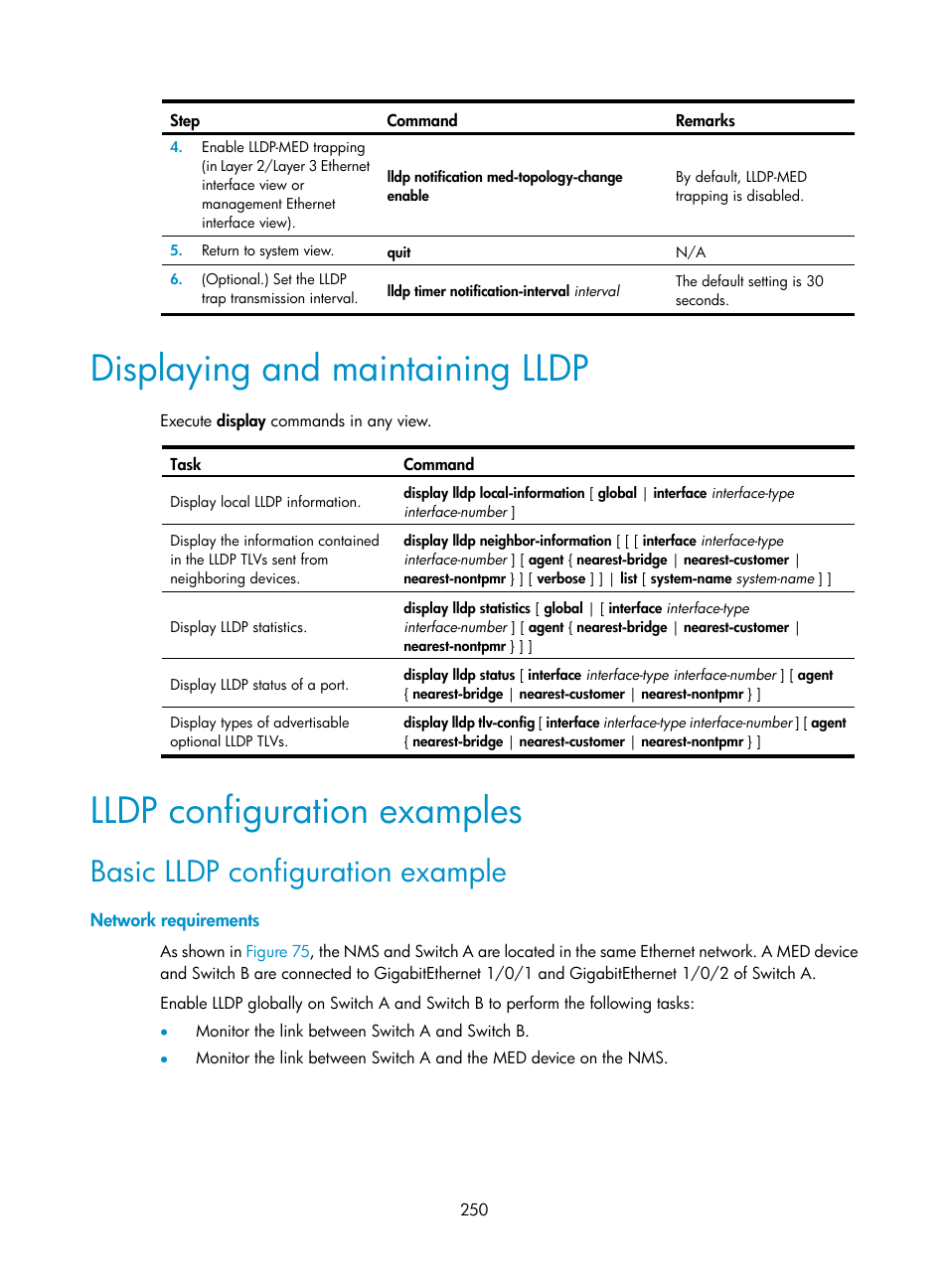 Displaying and maintaining lldp, Lldp configuration examples, Basic lldp configuration example | Network requirements | H3C Technologies H3C S5560 Series Switches User Manual | Page 284 / 321