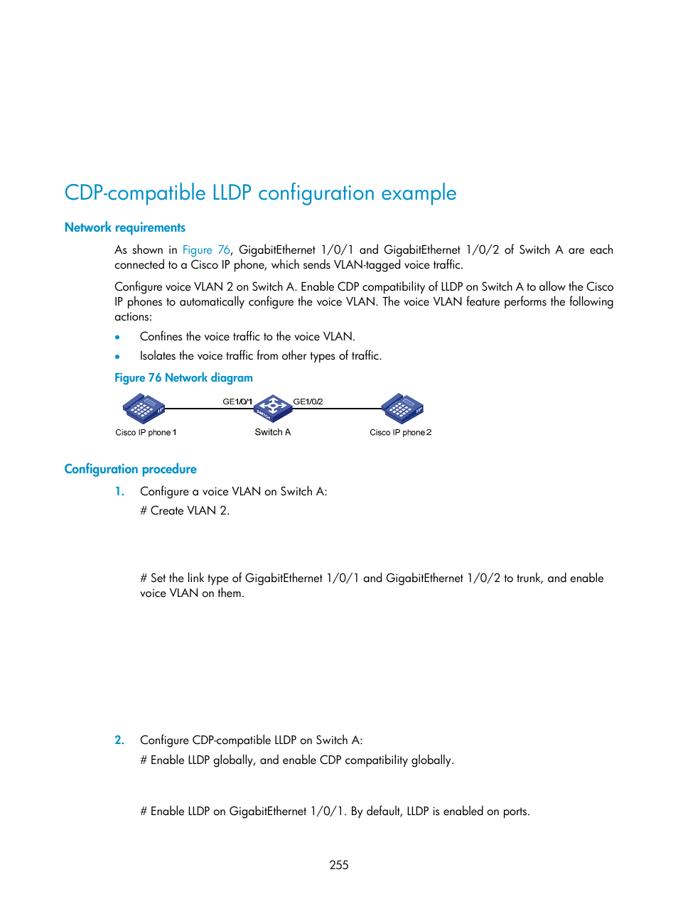 Cdp-compatible lldp configuration example, Network requirements, Configuration procedure | H3C Technologies H3C S5560 Series Switches User Manual | Page 289 / 321