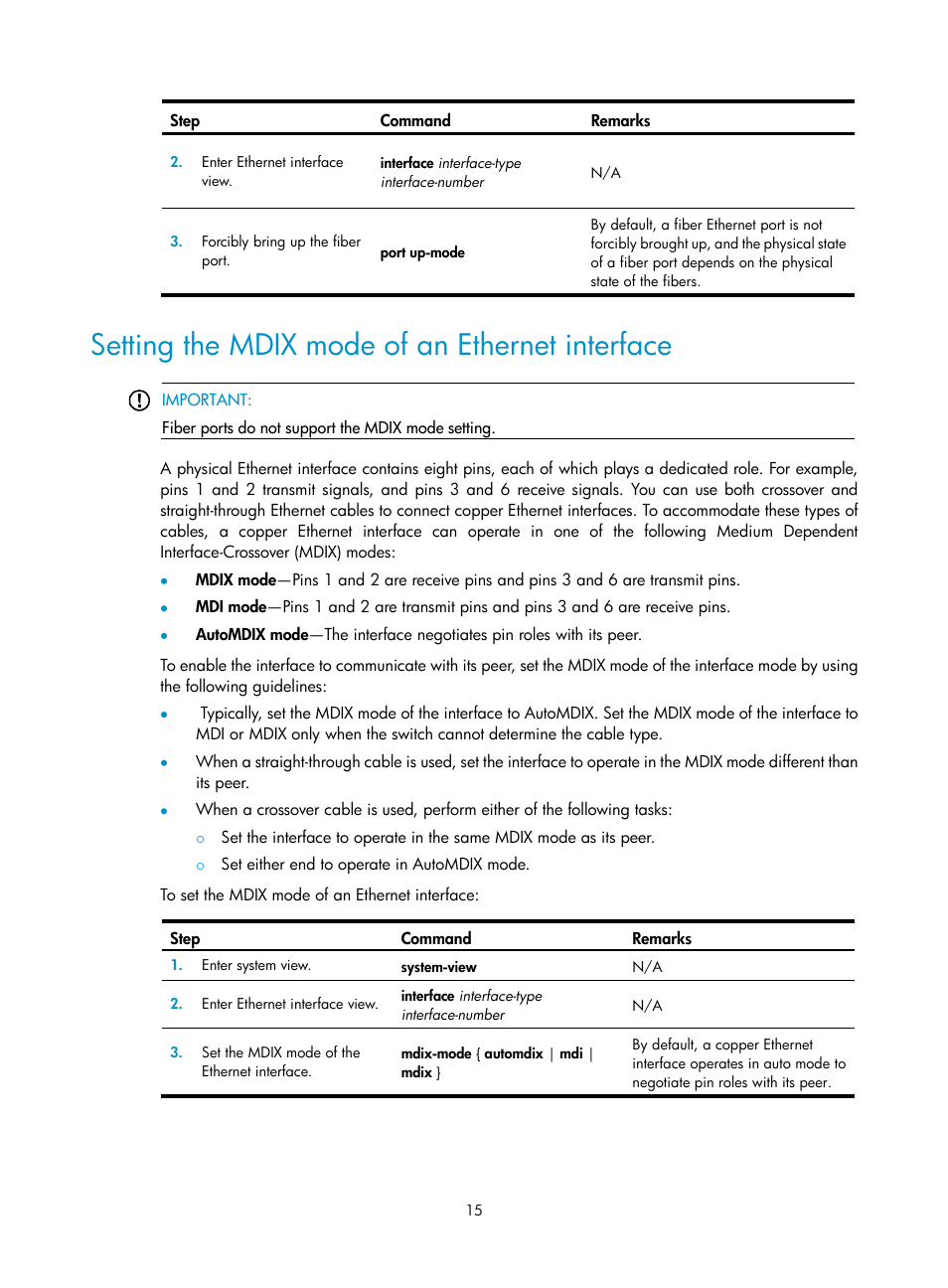 Setting the mdix mode of an ethernet interface | H3C Technologies H3C S5560 Series Switches User Manual | Page 29 / 321