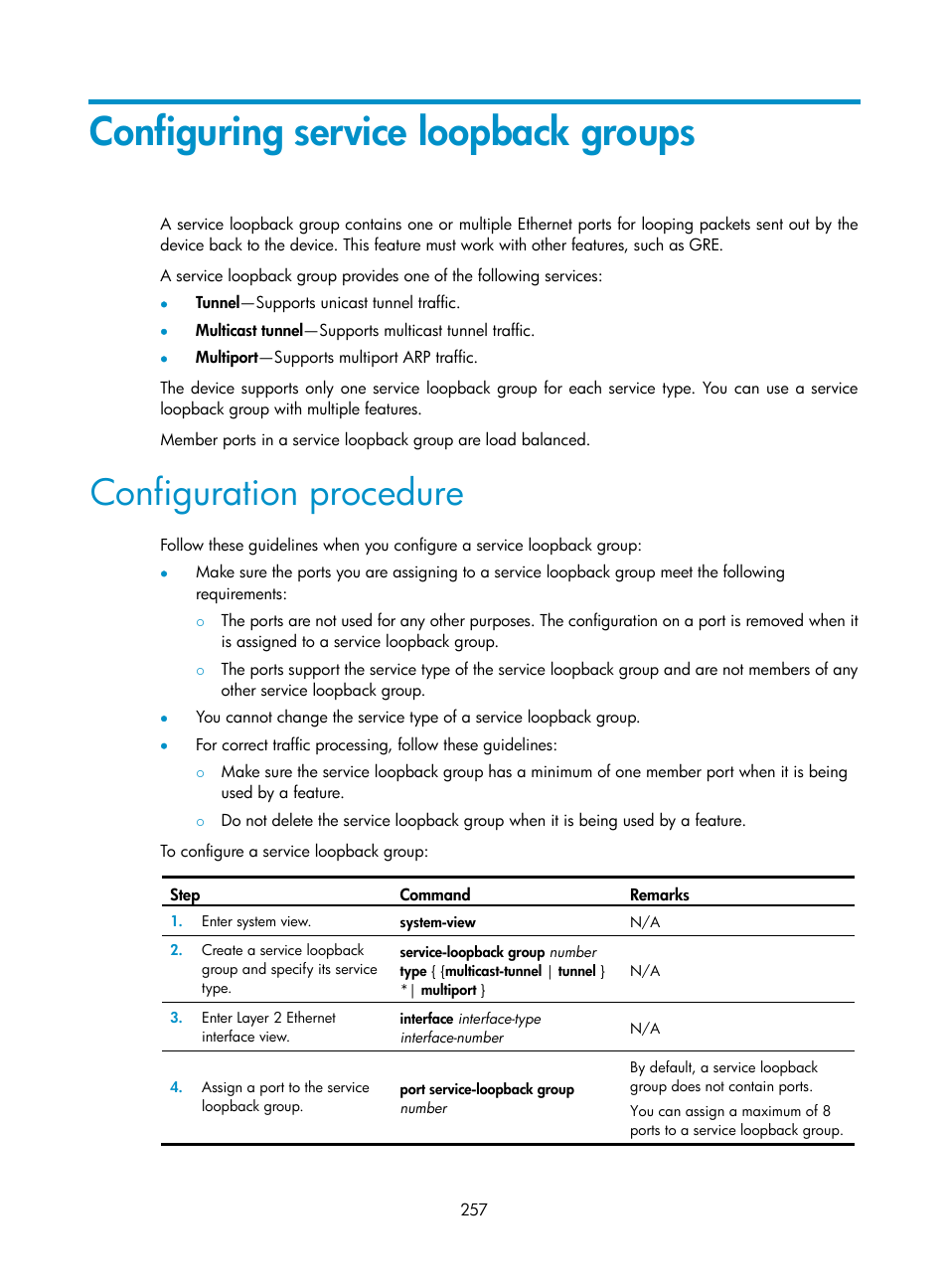 Configuring service loopback groups, Configuration procedure | H3C Technologies H3C S5560 Series Switches User Manual | Page 291 / 321