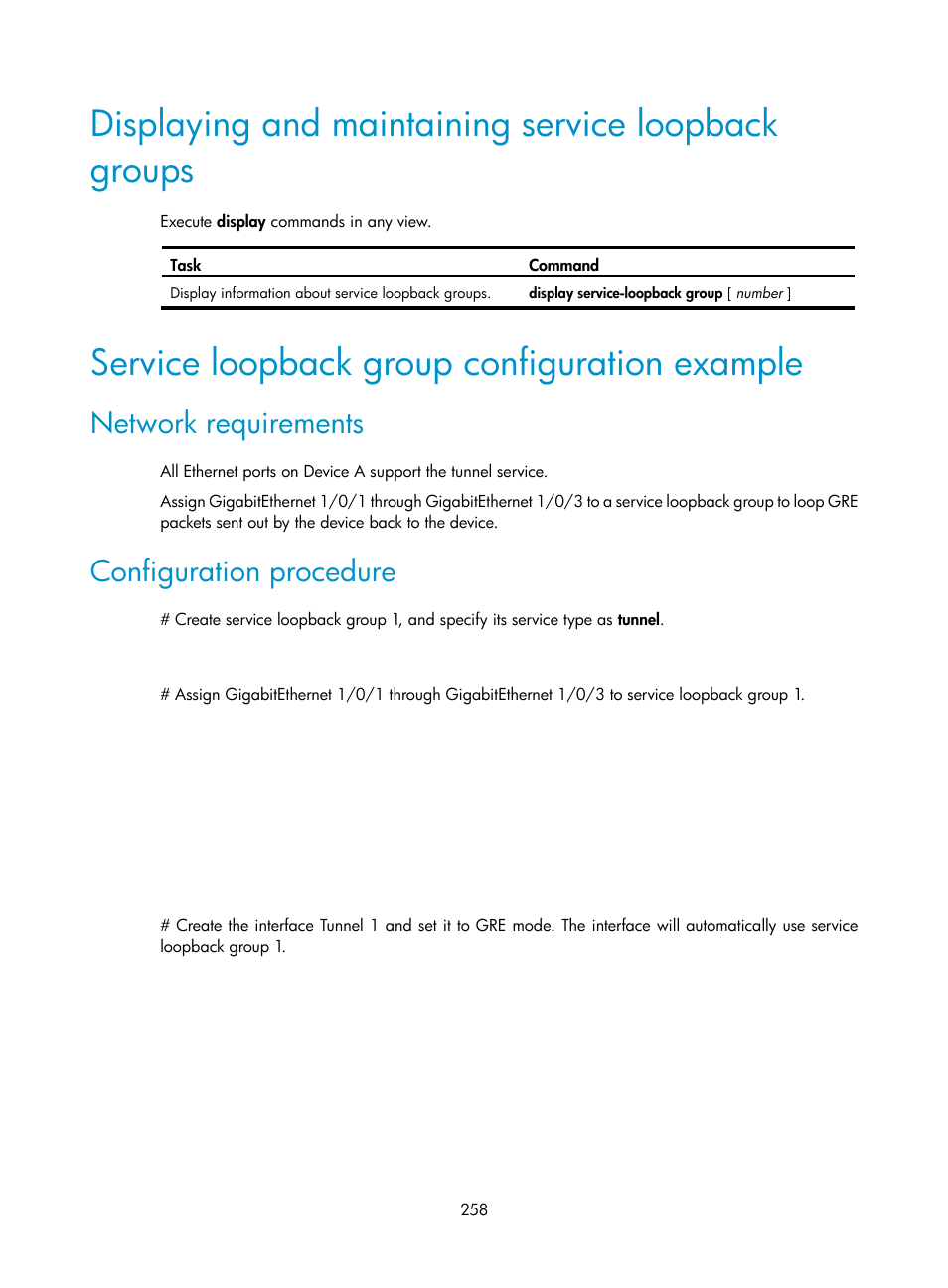 Displaying and maintaining service loopback groups, Service loopback group configuration example, Network requirements | Configuration procedure | H3C Technologies H3C S5560 Series Switches User Manual | Page 292 / 321