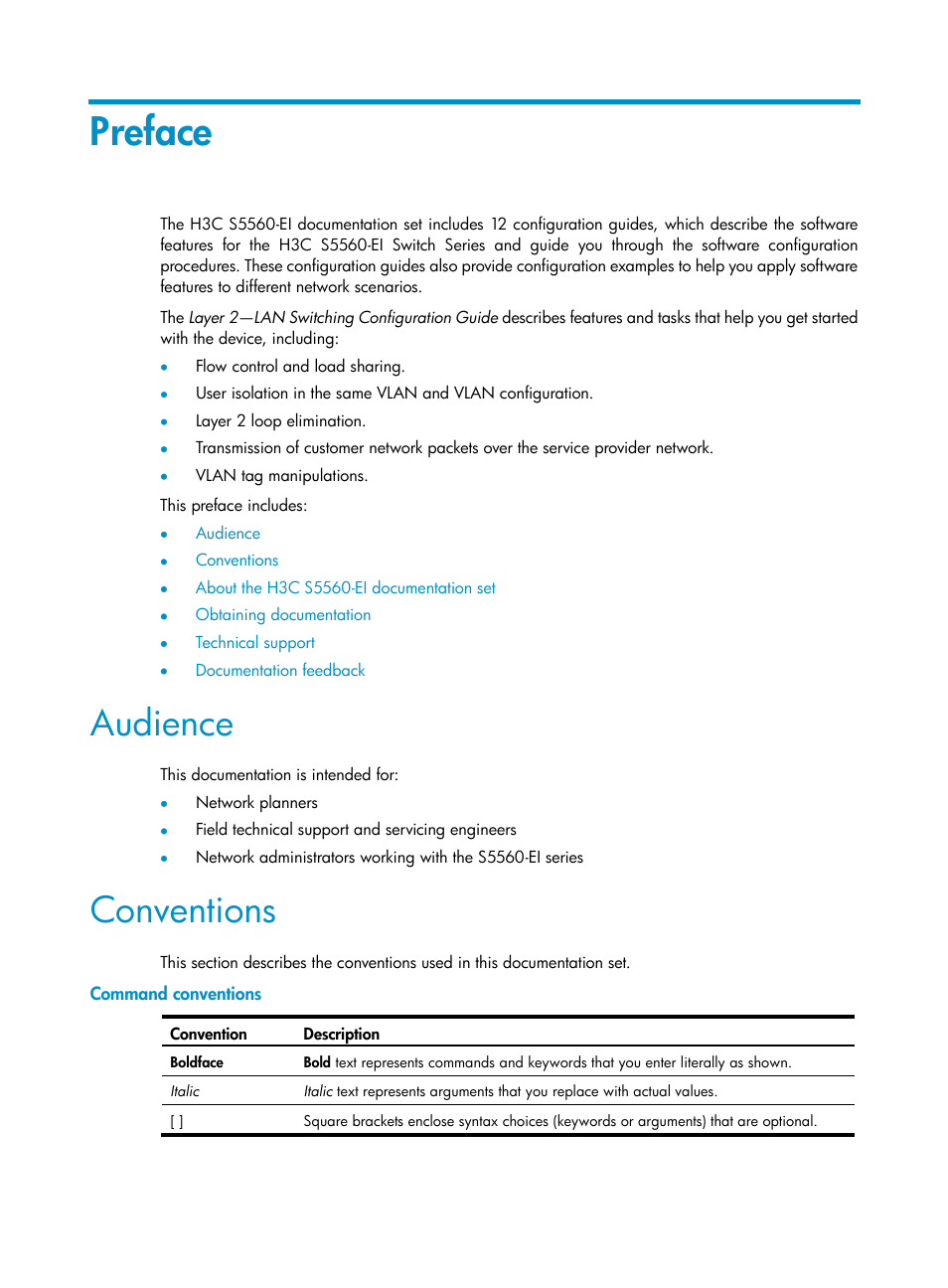 Preface, Audience, Conventions | Command conventions | H3C Technologies H3C S5560 Series Switches User Manual | Page 3 / 321