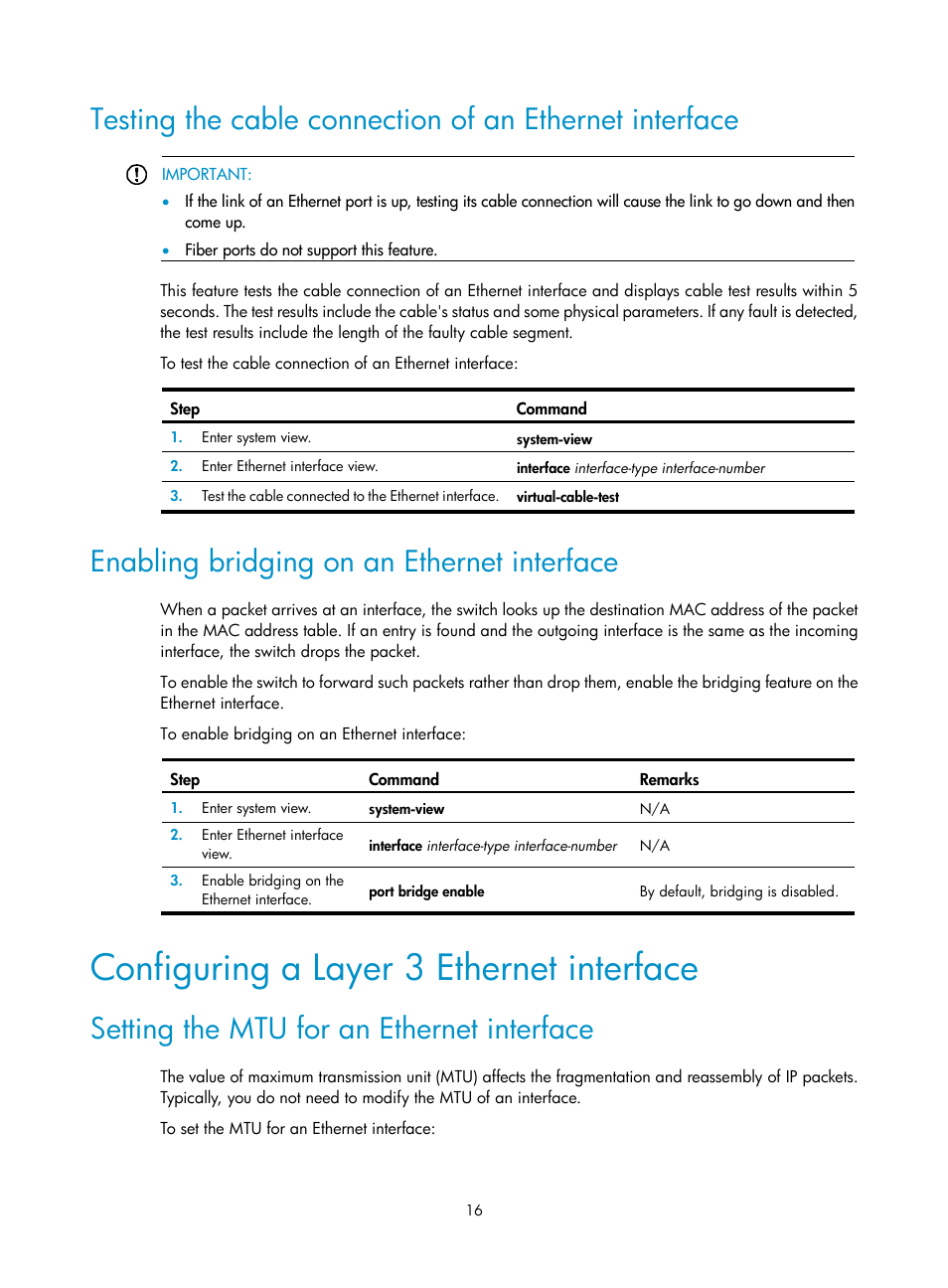 Enabling bridging on an ethernet interface, Configuring a layer 3 ethernet interface, Setting the mtu for an ethernet interface | H3C Technologies H3C S5560 Series Switches User Manual | Page 30 / 321