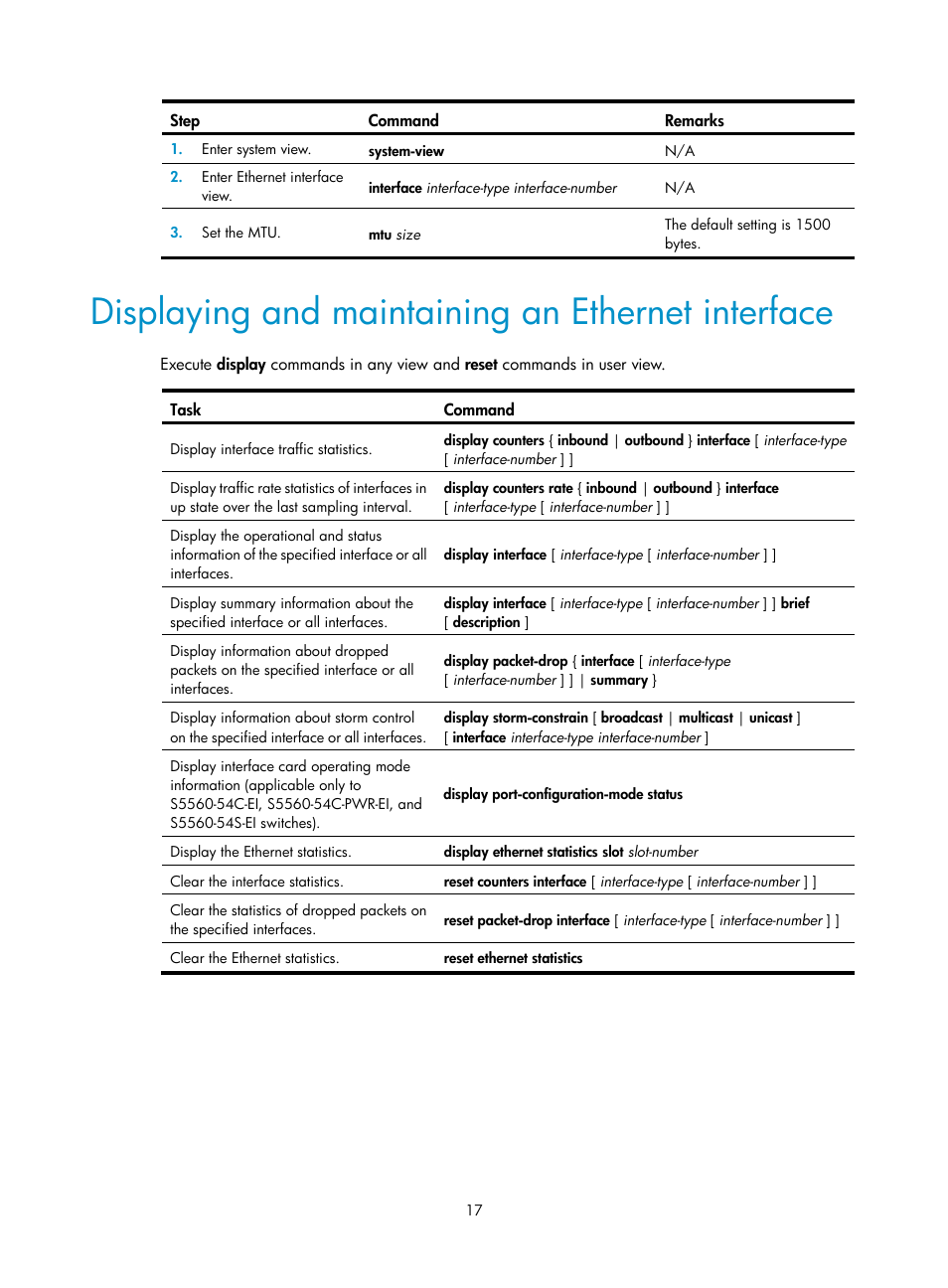 Displaying and maintaining an ethernet interface | H3C Technologies H3C S5560 Series Switches User Manual | Page 31 / 321