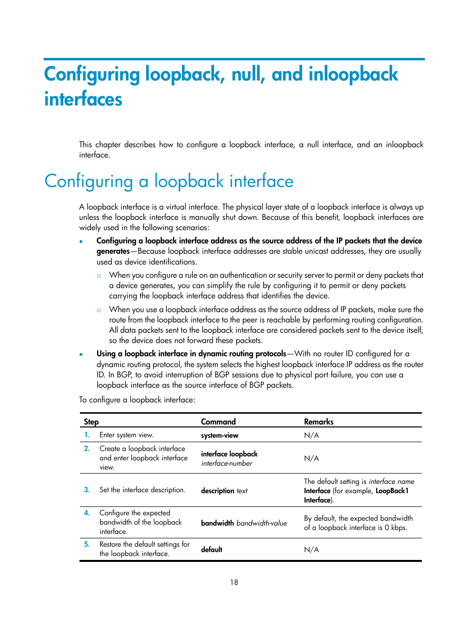 Configuring a loopback interface | H3C Technologies H3C S5560 Series Switches User Manual | Page 32 / 321