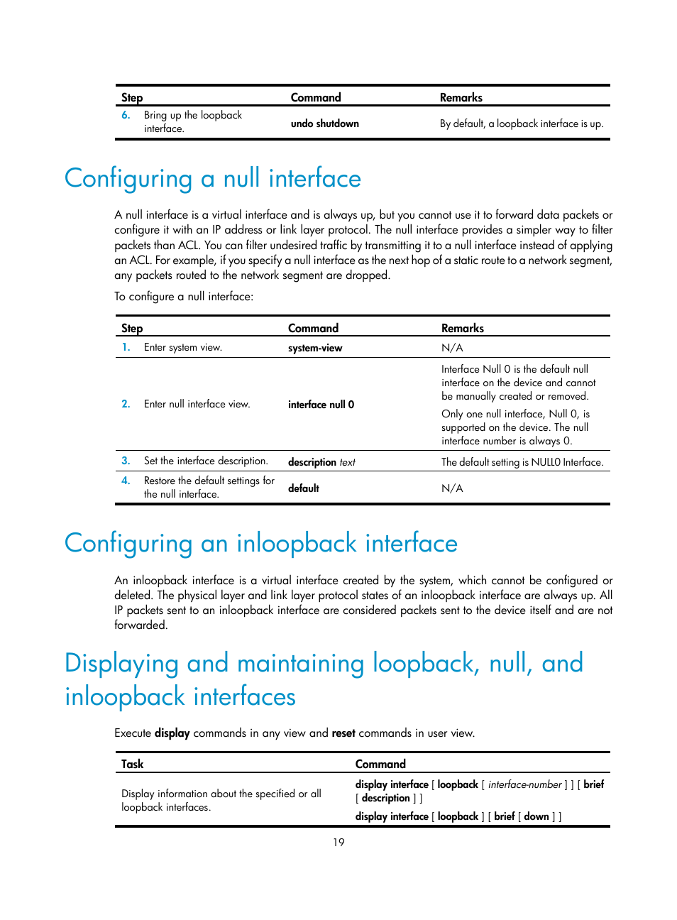 Configuring a null interface, Configuring an inloopback interface | H3C Technologies H3C S5560 Series Switches User Manual | Page 33 / 321