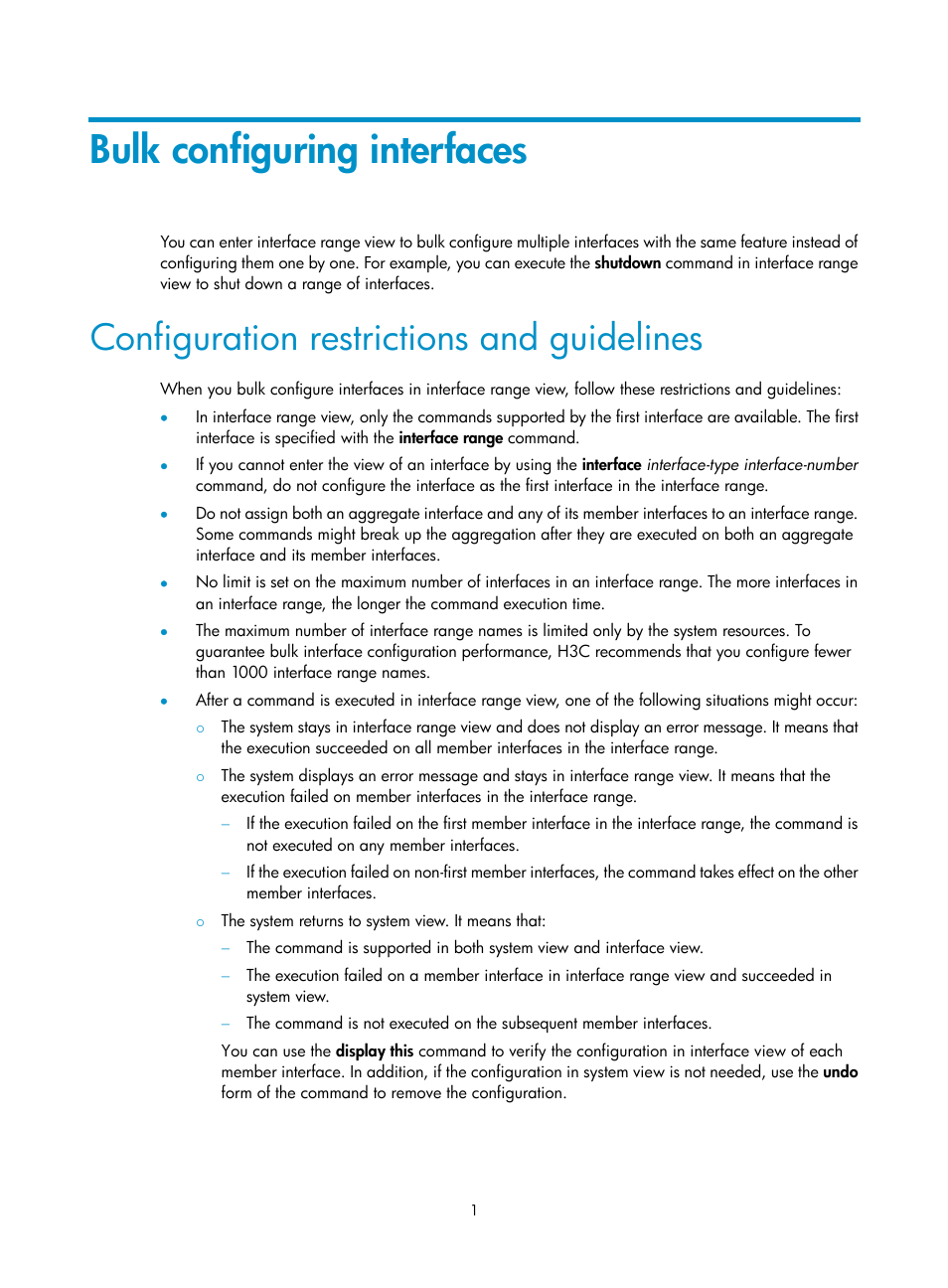 Bulk configuring interfaces, Configuration restrictions and guidelines | H3C Technologies H3C S5560 Series Switches User Manual | Page 35 / 321