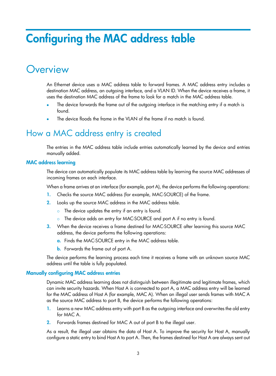 Configuring the mac address table, Overview, How a mac address entry is created | Mac address learning, Manually configuring mac address entries | H3C Technologies H3C S5560 Series Switches User Manual | Page 37 / 321