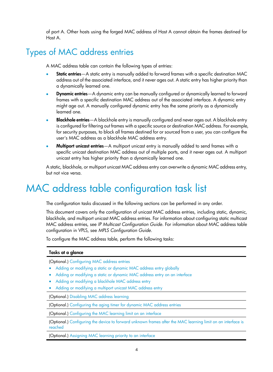 Types of mac address entries, Mac address table configuration task list | H3C Technologies H3C S5560 Series Switches User Manual | Page 38 / 321