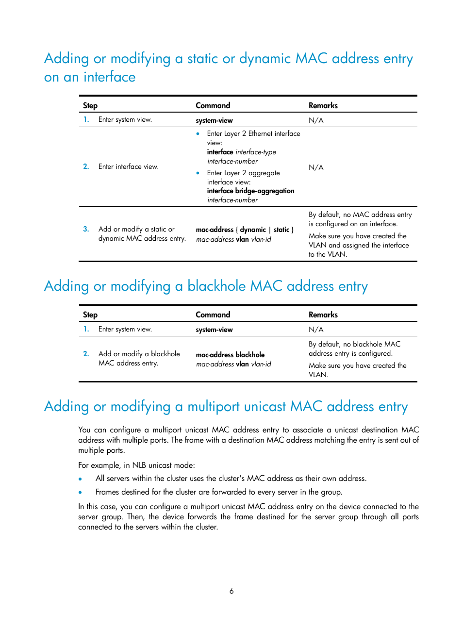 Adding or modifying a blackhole mac address entry | H3C Technologies H3C S5560 Series Switches User Manual | Page 40 / 321