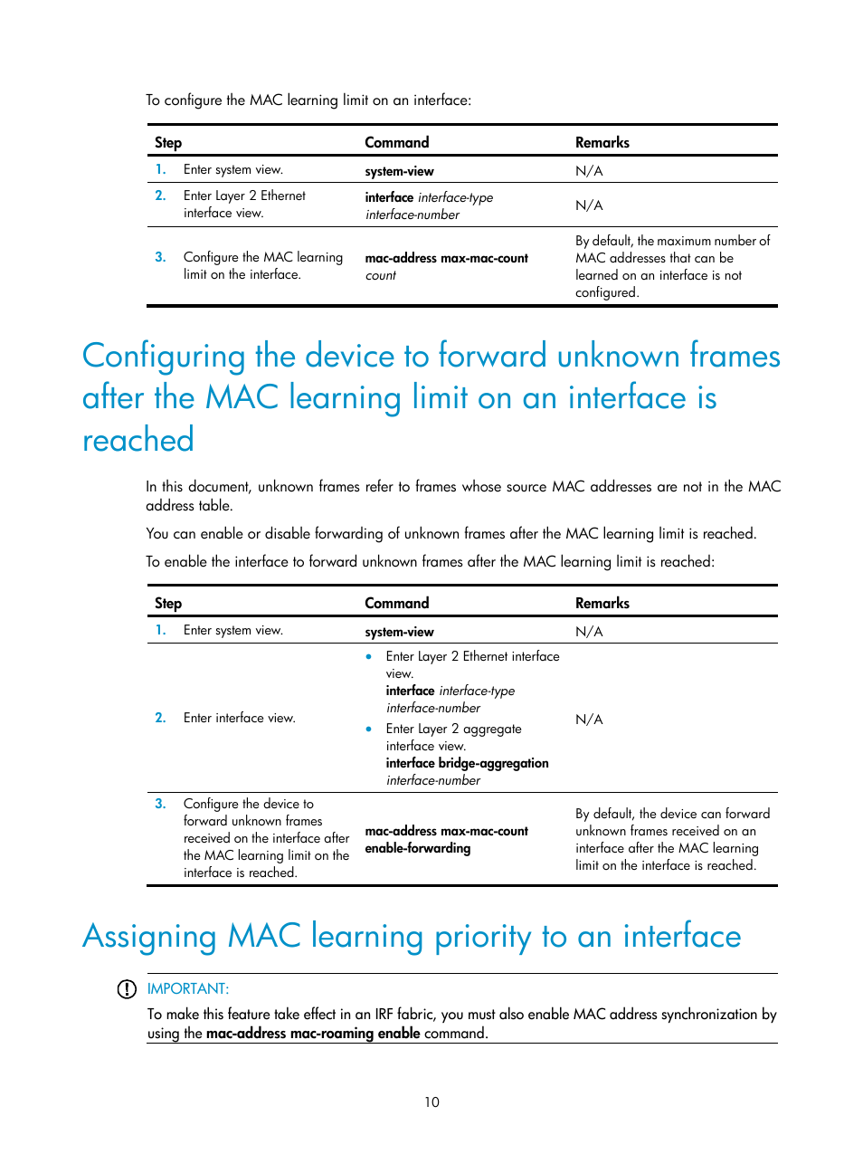 Assigning mac learning priority to an interface, Reached | H3C Technologies H3C S5560 Series Switches User Manual | Page 44 / 321