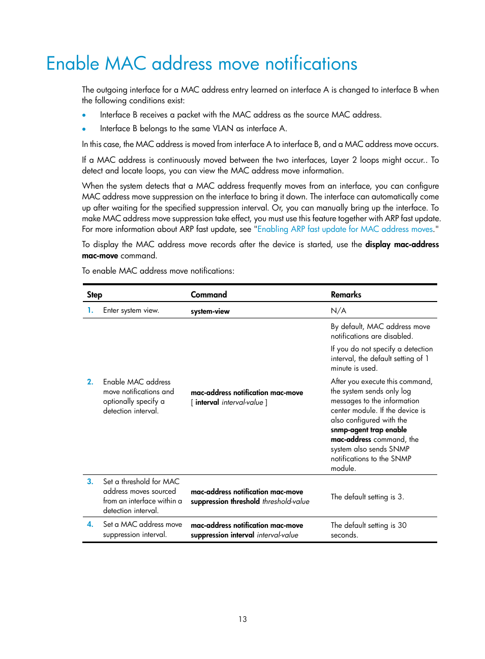 Enable mac address move notifications | H3C Technologies H3C S5560 Series Switches User Manual | Page 47 / 321