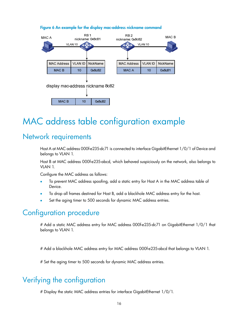 Mac address table configuration example, Network requirements, Configuration procedure | Verifying the configuration | H3C Technologies H3C S5560 Series Switches User Manual | Page 50 / 321