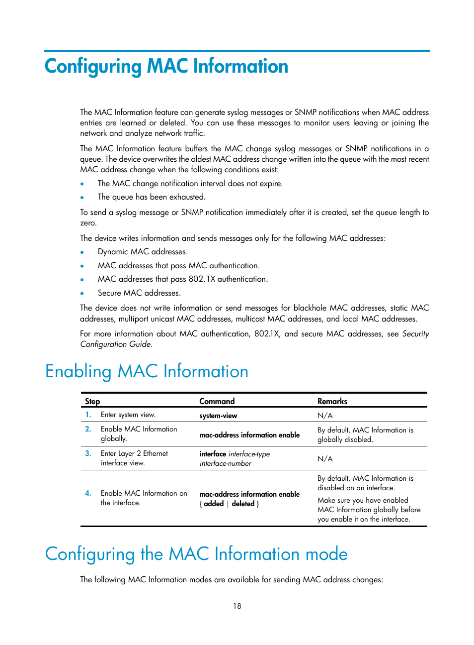 Configuring mac information, Enabling mac information, Configuring the mac information mode | H3C Technologies H3C S5560 Series Switches User Manual | Page 52 / 321