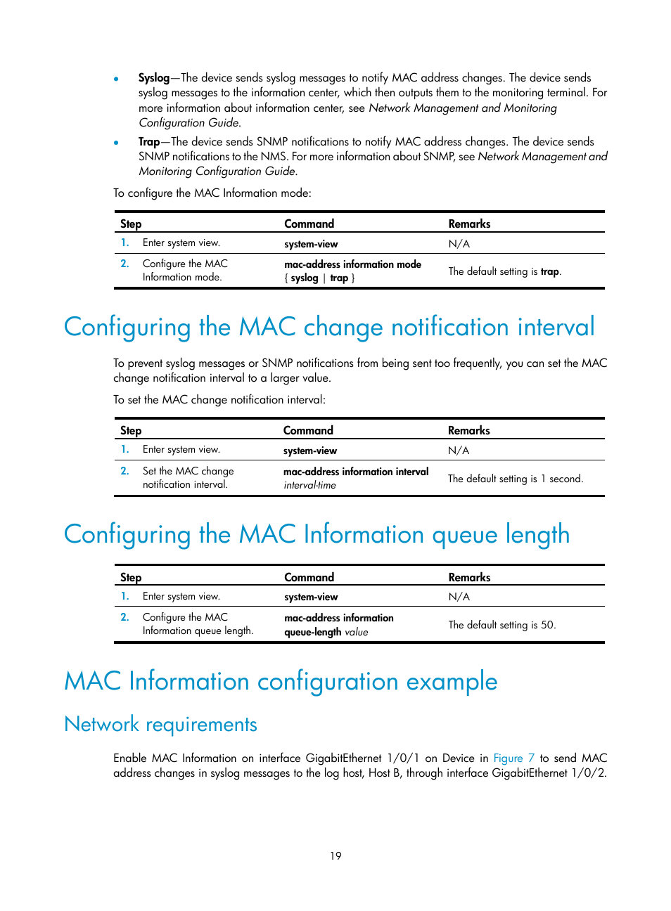 Configuring the mac change notification interval, Configuring the mac information queue length, Mac information configuration example | Network requirements | H3C Technologies H3C S5560 Series Switches User Manual | Page 53 / 321